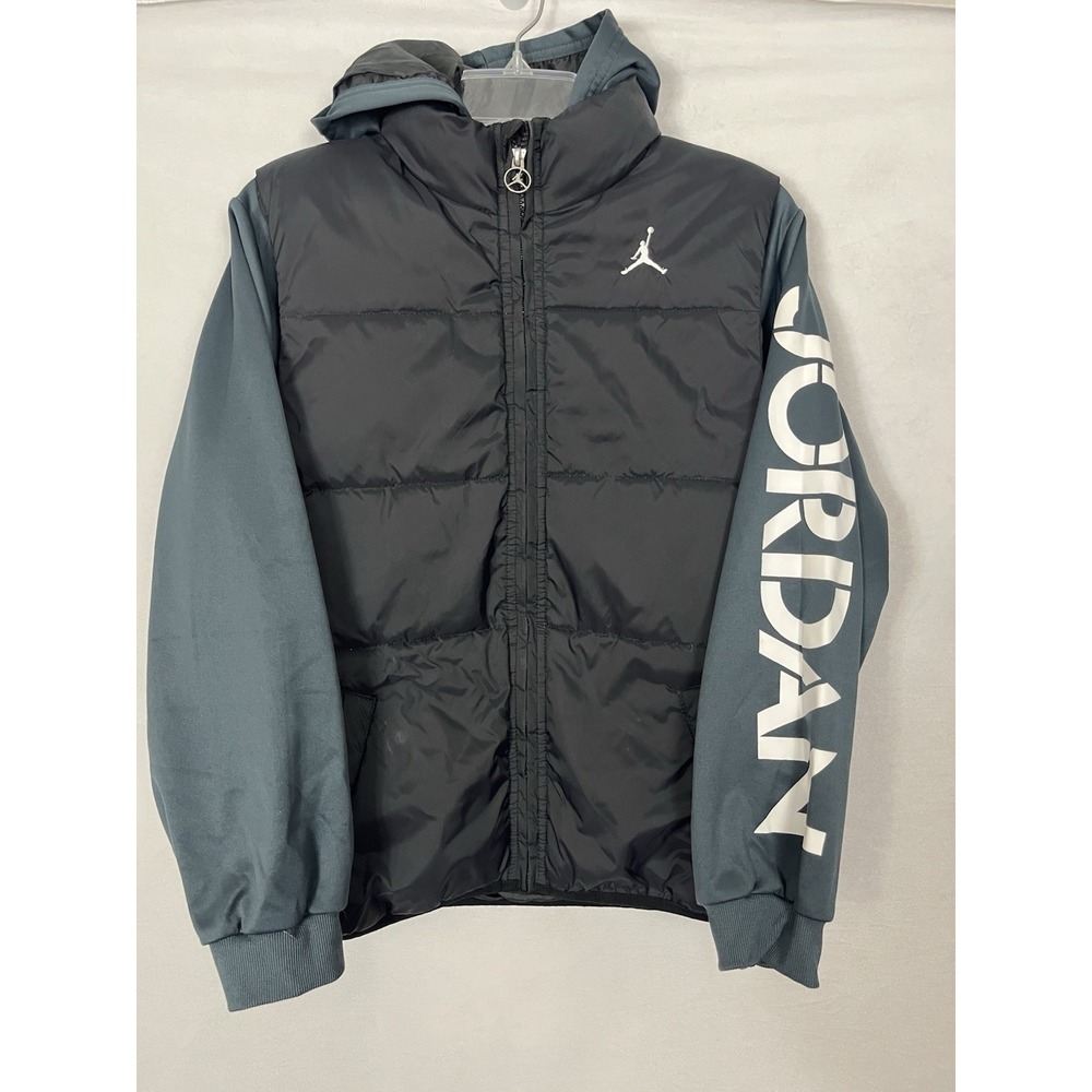Jordan Puffer Jacket Youth L 12-13 Black Teal Blue Hooded Full Zip Jumpman